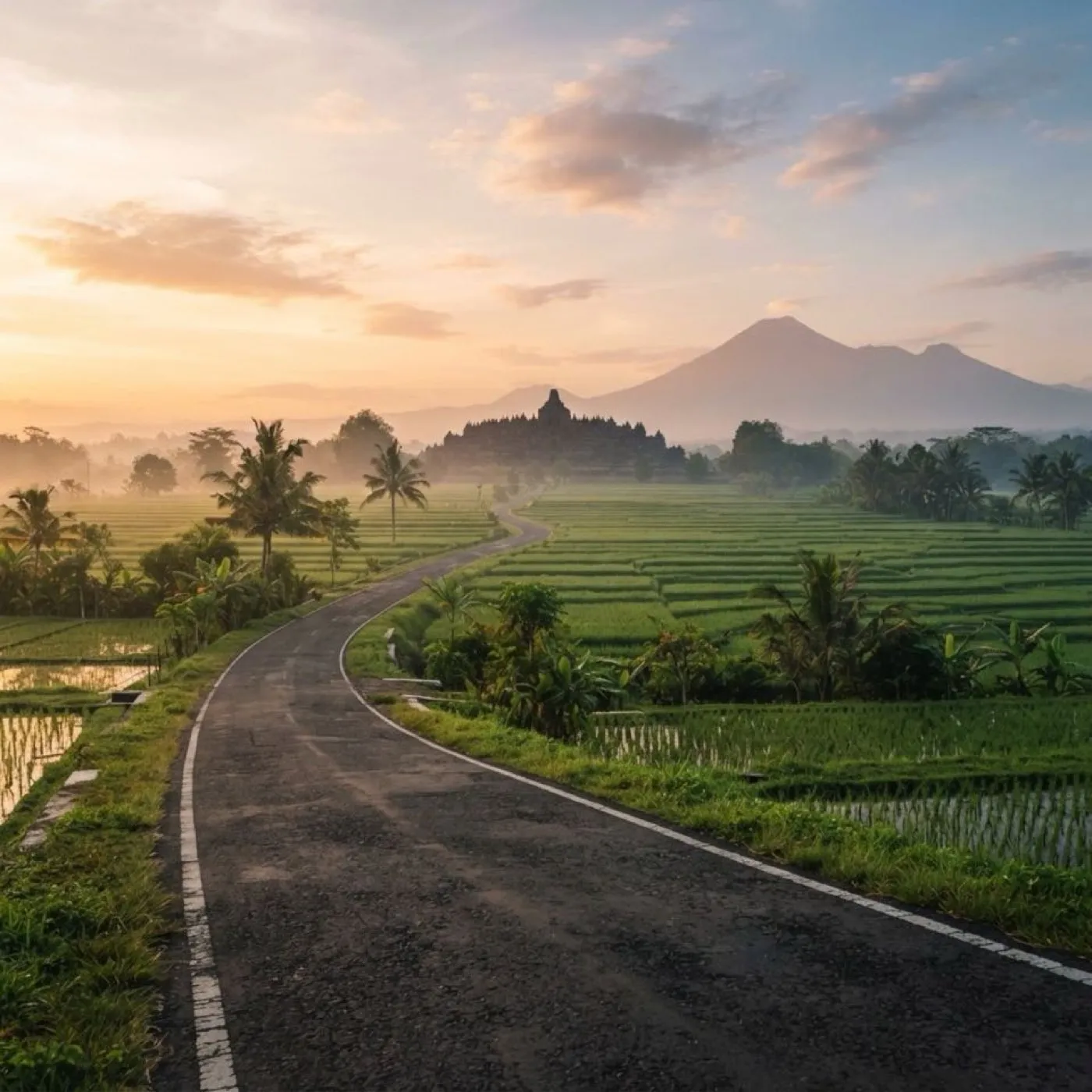 Jalan menuju candi di Yogyakarta saat matahari terbit
